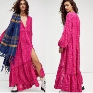 Free People | Pink Button Front Maxi Dress Long Sleeve | L